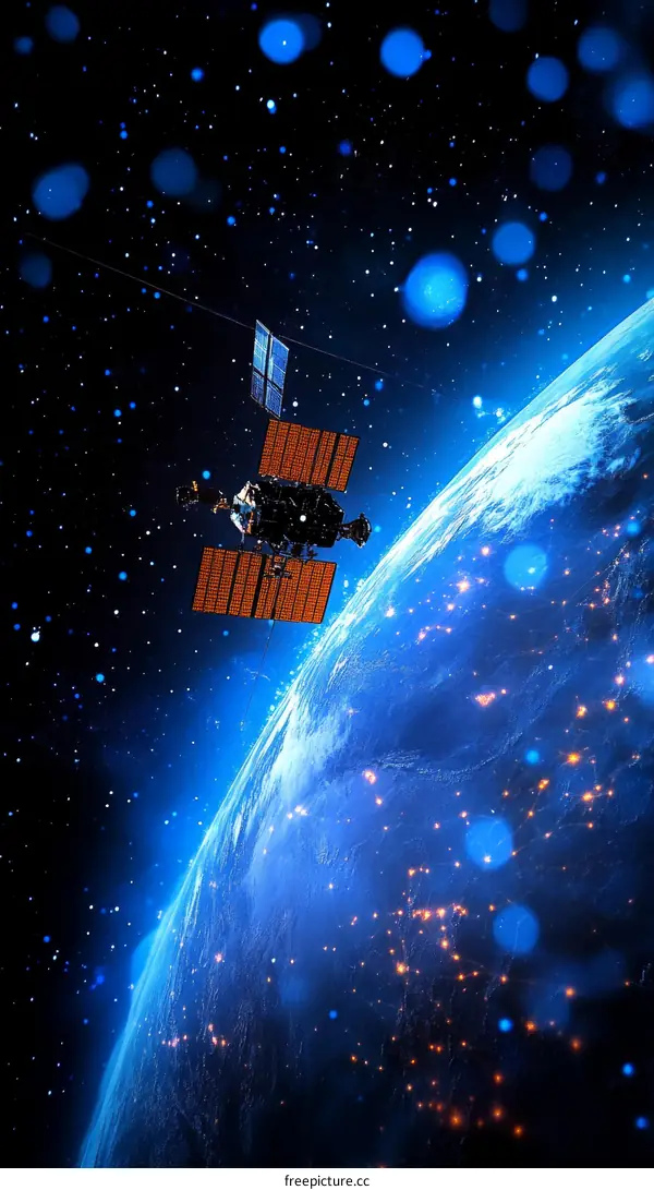 Satellite orbiting the illuminated Earth