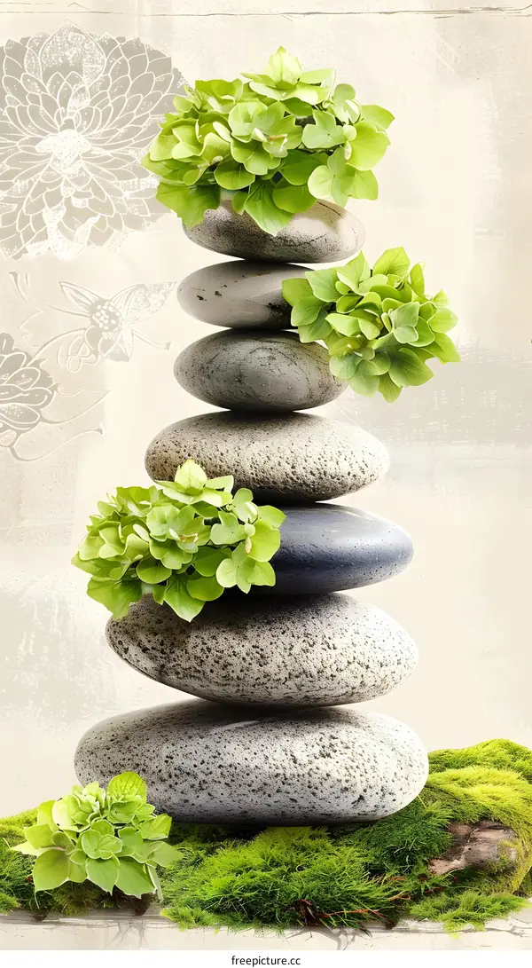 Zen Stones with Green Plants and Floral Background