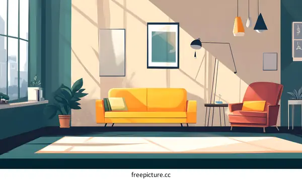 Living Room Illustration With Yellow Sofa And Red Chair