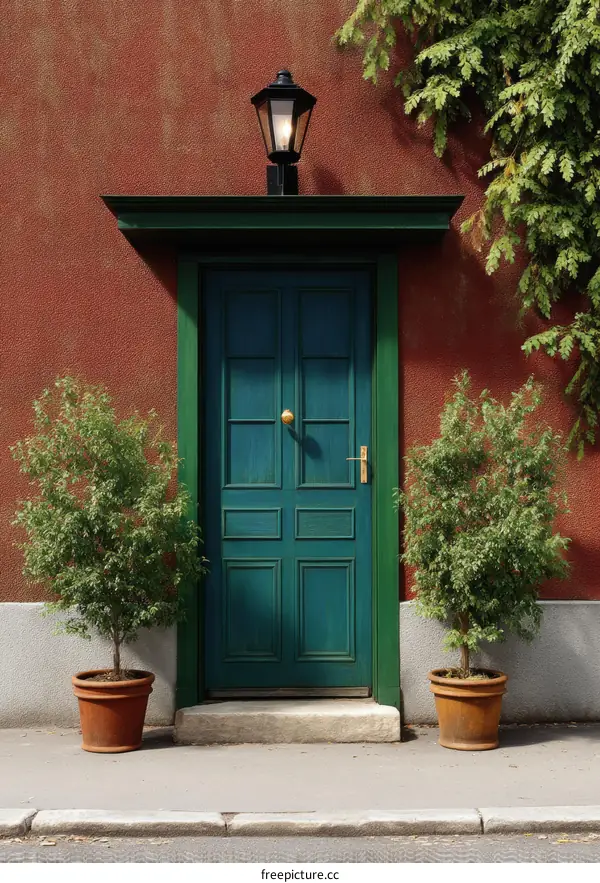 European Style House Entrance with Green Door