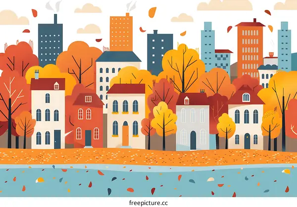 Autumn Cityscape with River and Buildings
