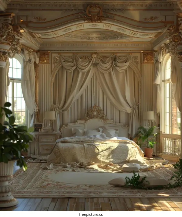 Ornate bedroom with a large bed and plants by the windows