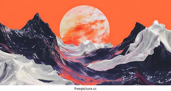 Abstract Mountain Landscape With Orange Sun