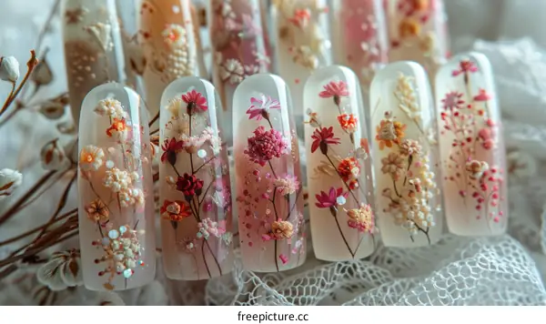 Dried flowers encased in clear stiletto nails