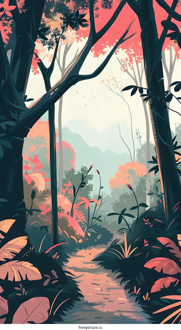 Forest Path With Pink and Green Leaves