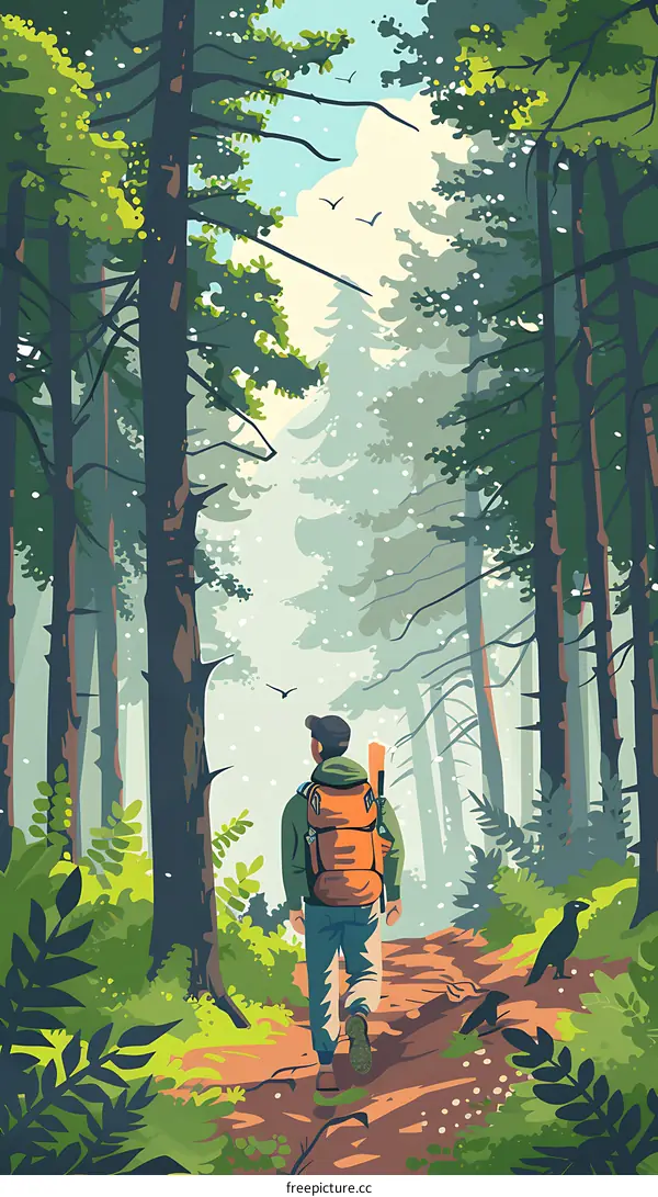 Man Hiking Through a Forest Trail