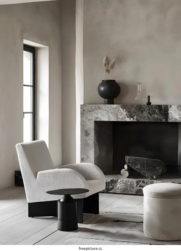 Modern Interior Design with Fireplace and White Armchair