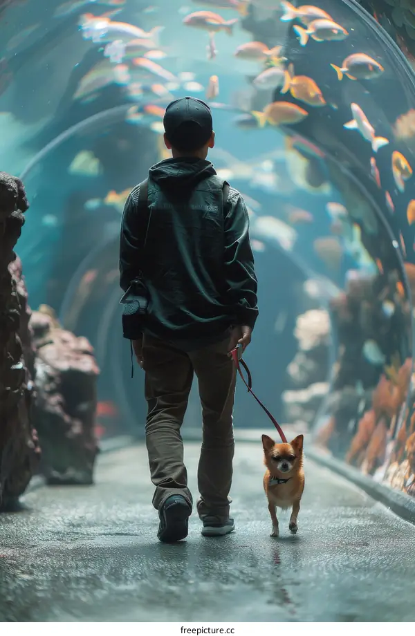A man walking his dog in an aquarium