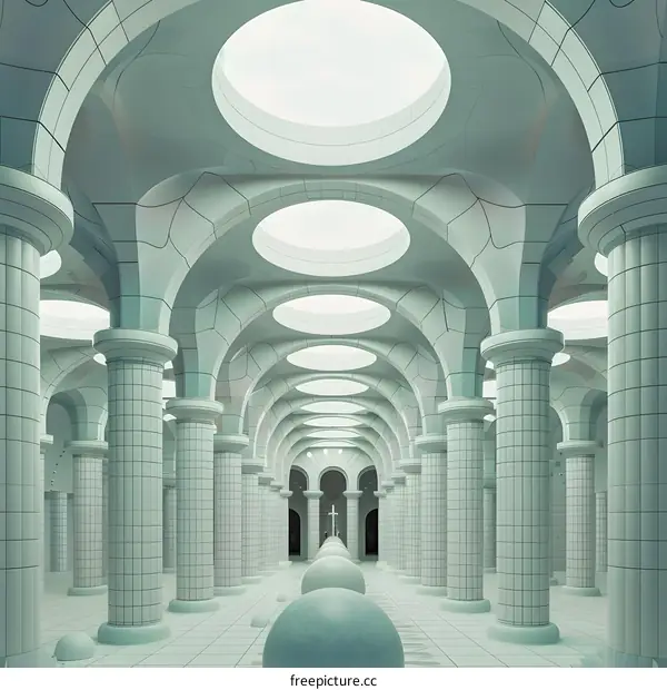 White Hallway With Arched Ceiling And Columns