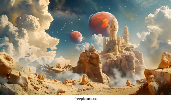 Fantasy Landscape with Castle and Planets