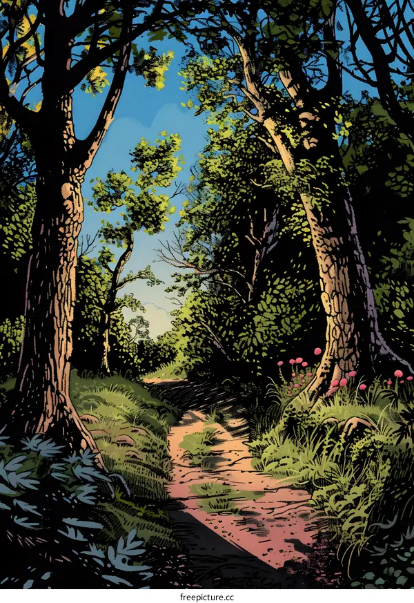 Forest Path Illustration with Trees and Sunlight