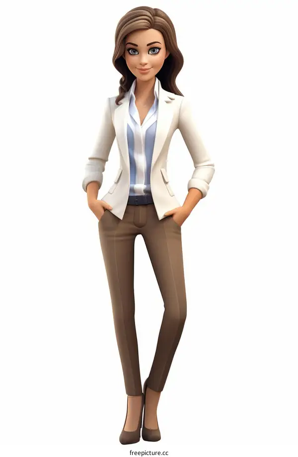 A business woman wearing a white suit and brown pants