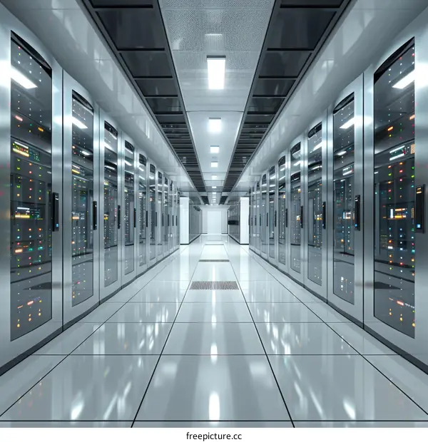 Futuristic data center with rows of server racks