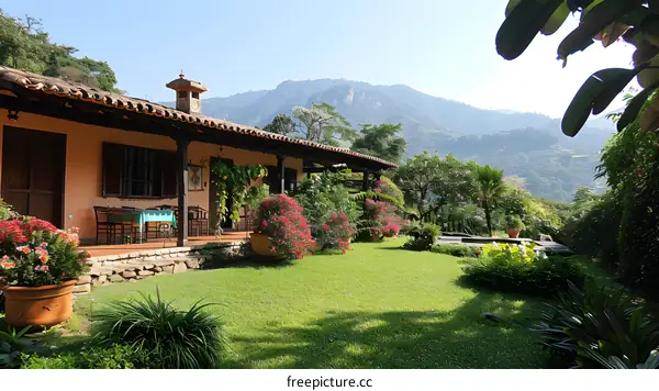 A beautiful house with a garden and a mountain view