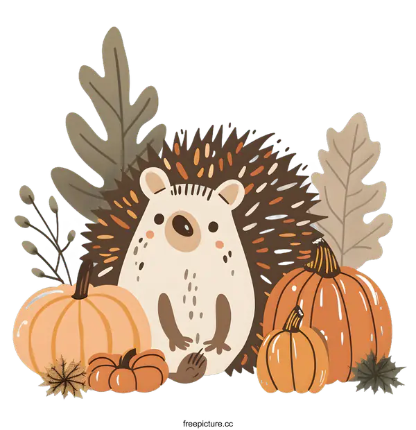 [Transparent Background PNG]Cute Hedgehog Illustration with Pumpkins and Autumn Leaves