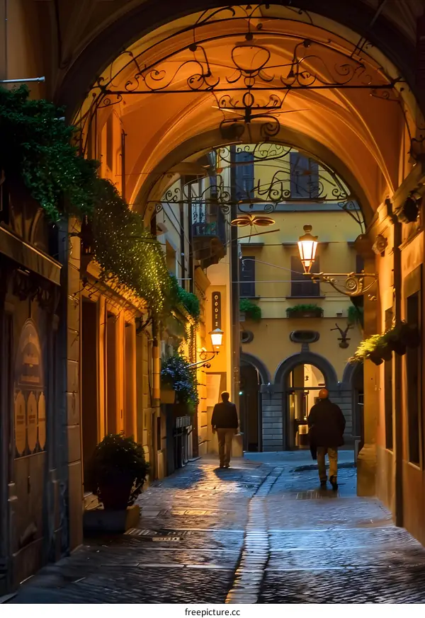 Narrow Street in Italian City at Dusk with Two Men Walking