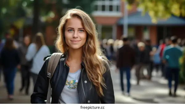 Smiling blonde woman in a black jacket standing outside