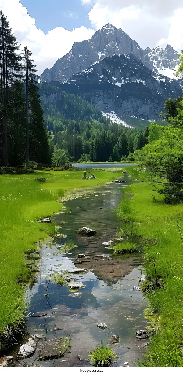 mountain stream in a lush green valley with snow capped mountains in the distance