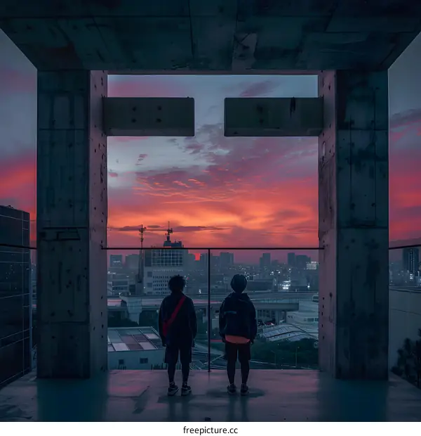 Two People Standing On Rooftop Watching City Sunset
