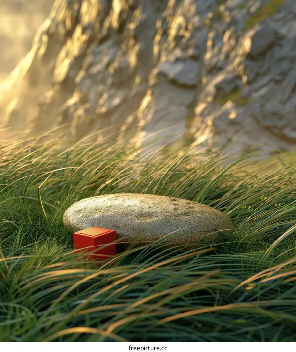 Grass field with a large rock and a small red box
