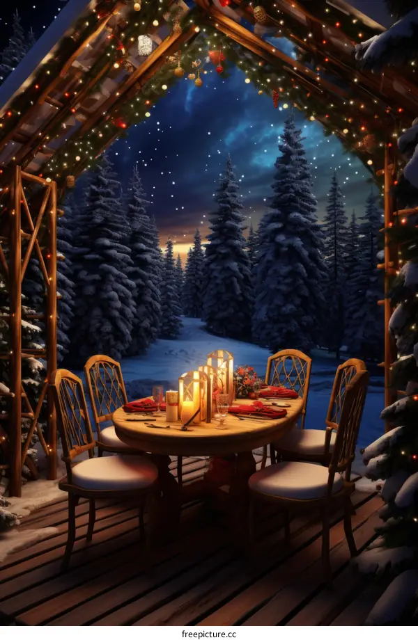 A wooden table set for dinner in a snowy forest