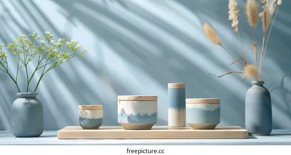 Blue and White Porcelain Vases and Bowls with Floral Arrangements