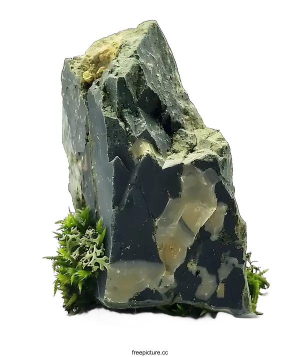 [Transparent Background PNG]Closeup of a Rough Black Stone with White and Green Moss