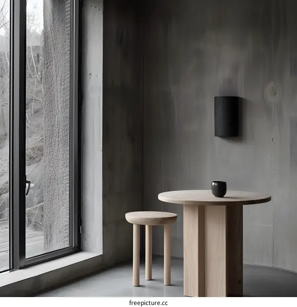 Modern Minimalist Interior Design with Wooden Table and Stool in Concrete Room