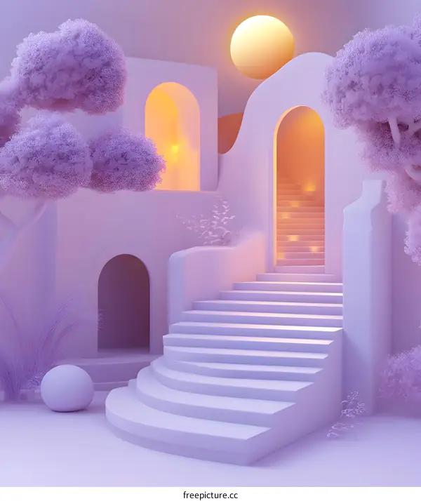 Purple Minimalist 3D Illustration of an Abstract Building with Stairs and Trees