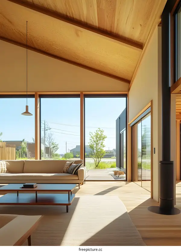 Modern Japanese Style Living Room With Wooden Ceiling and Large Windows