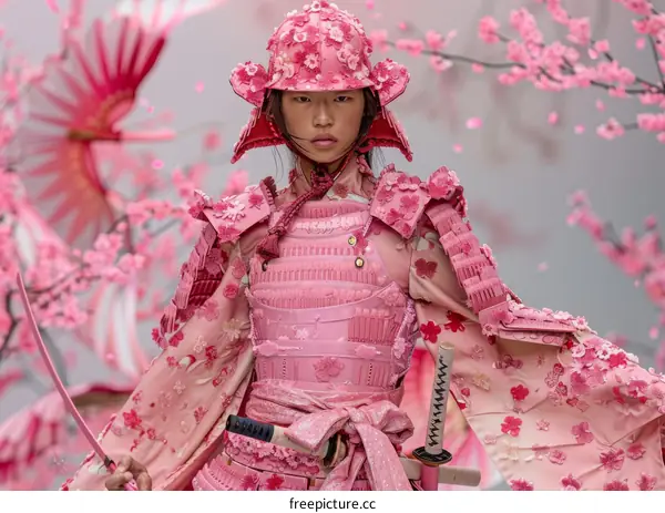 Japanese model Kiko Mizuhara dressed in pink samurai armor