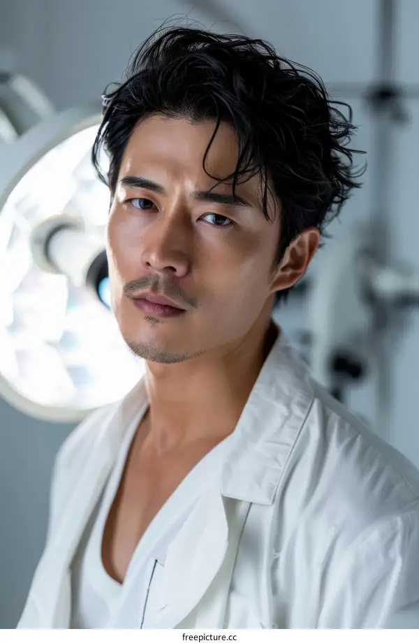 Portrait of a handsome Asian male doctor wearing a white lab coat