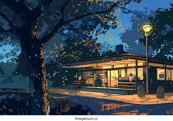 Nighttime Illustration of a Small Building with People Outside