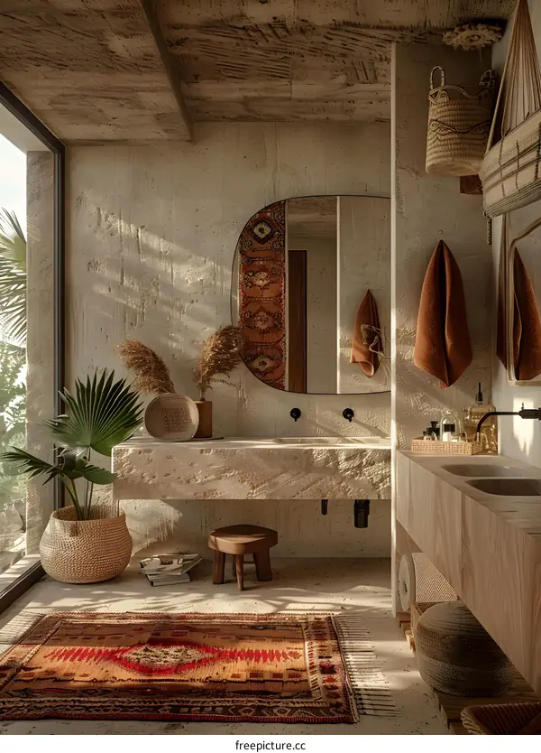 Bathroom interior with a large mirror, a stone sink, and a woven rug on the floor