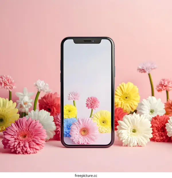 Flowers and a Mobile Phone on a Pink Background