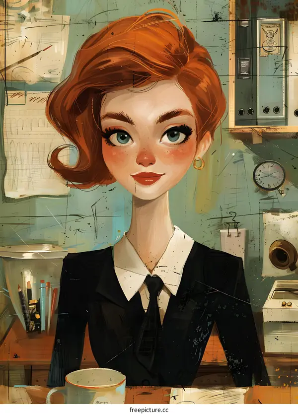 Illustration of a redheaded woman in a suit in an office