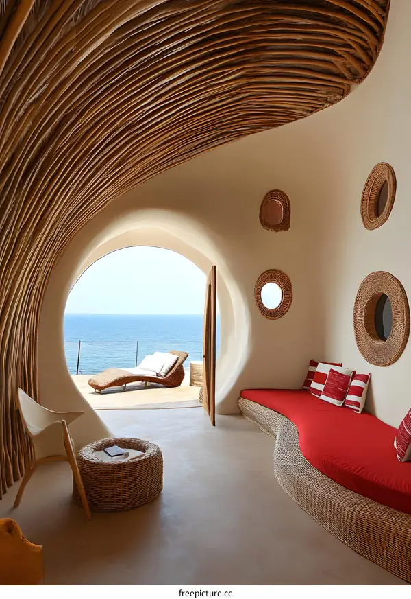 Modern Interior Design with Wicker Furniture and Ocean View