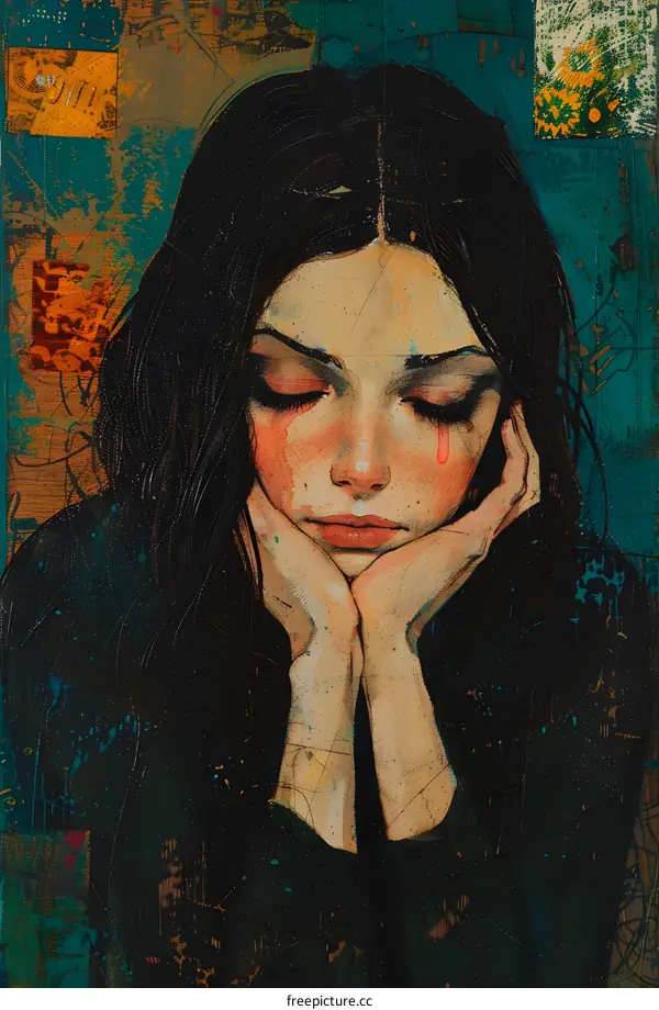 Portrait of a crying woman with long black hair