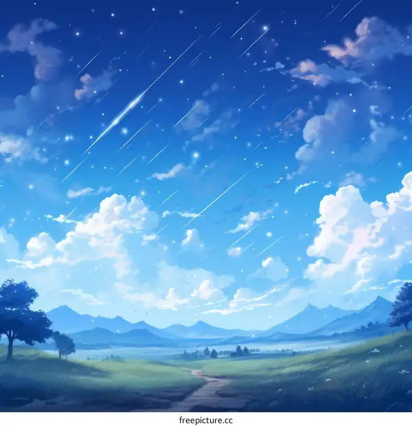 Bright Blue Sky and Green Field Landscape Illustration