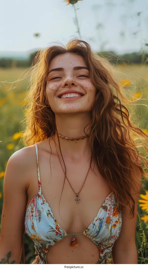Smiling Woman in a Floral Dress in a Field