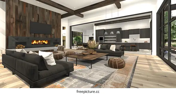 Modern Living Room Interior Design with Fireplace and Rustic Wood Walls
