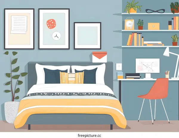 Bedroom with Desk and Shelf Illustration
