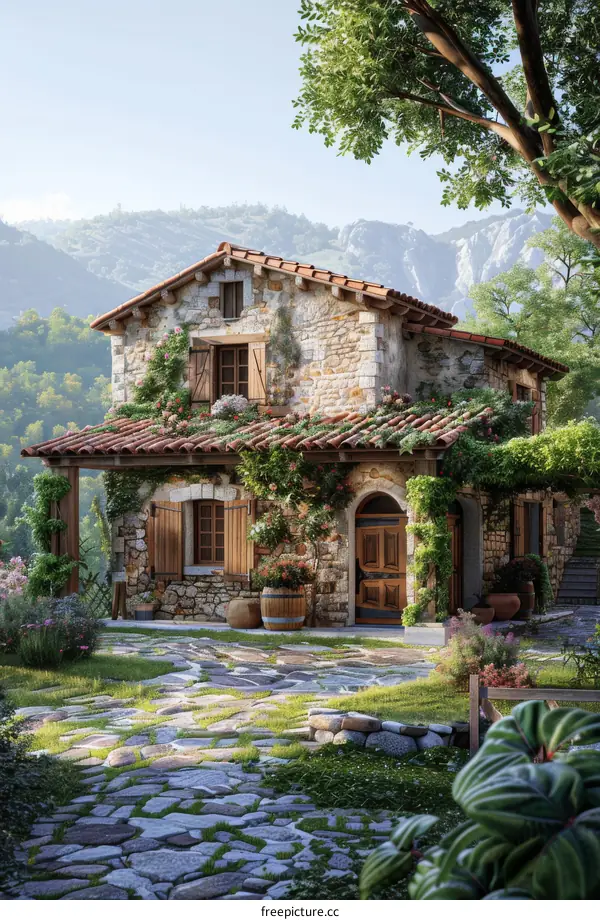 Charming Rustic Stone Cottage in a Sunny Landscape