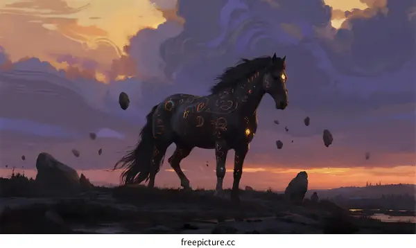 Black Horse with Ornate Patterns Standing on Rocky Ground at Sunset