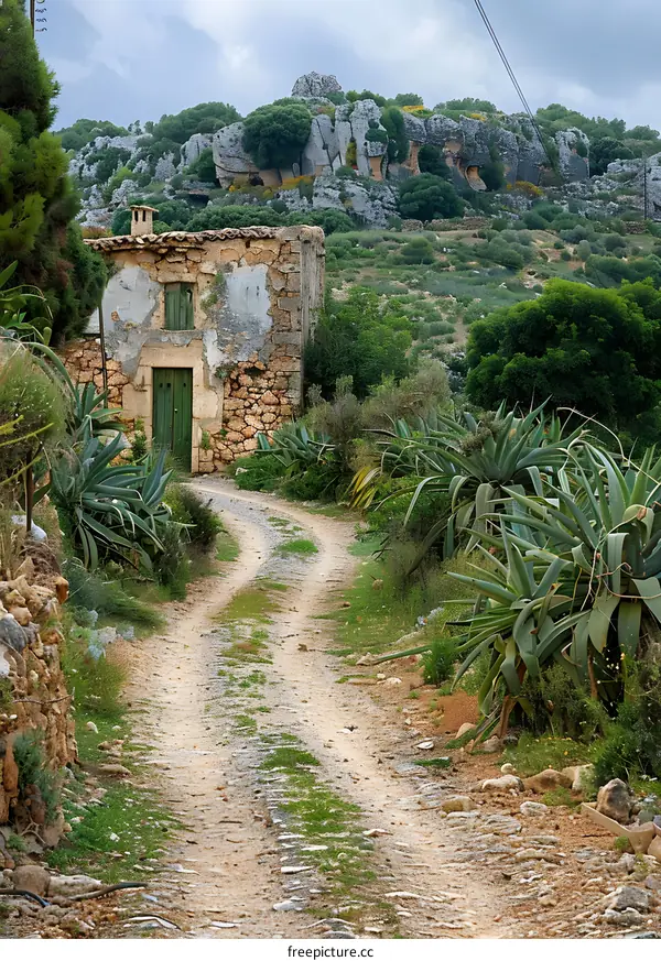 A path leading to a small stone house in a rural area