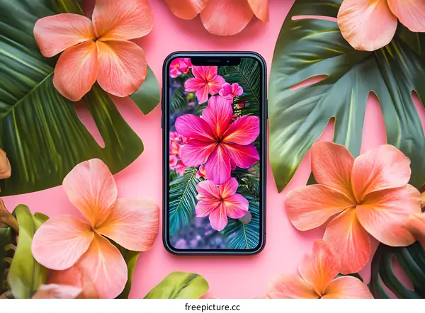 Tropical Flowers on Phone Screen with Green Leaves