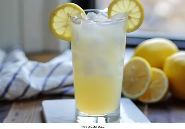 Refreshing Lemon Drink with Ice and Lemon Slices