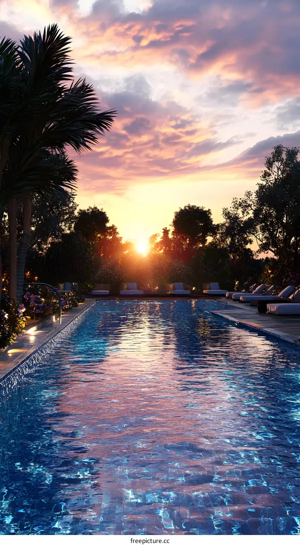 Sunset Poolside View with Palm Trees