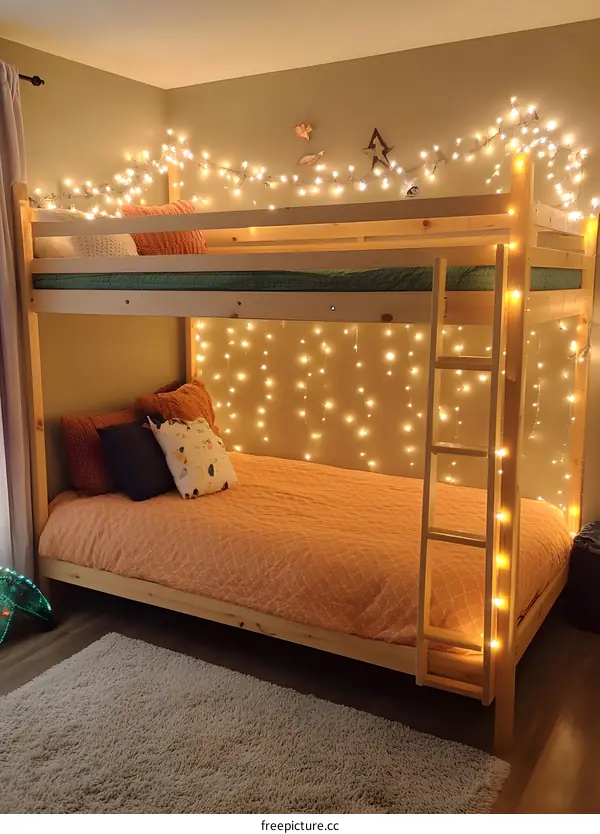 Cozy Bedroom with String Lights and Wooden Bunk Bed