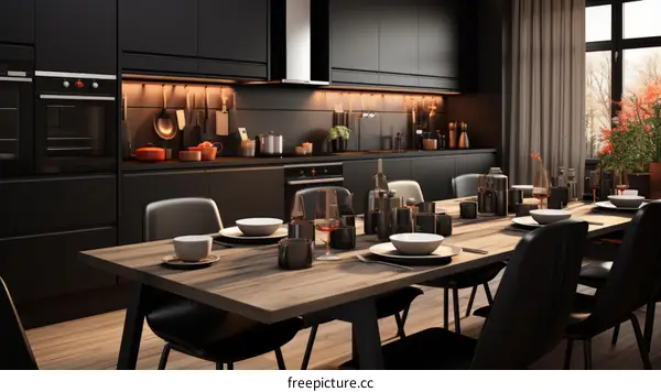 Black Kitchen Interior Design With Wood Dining Table